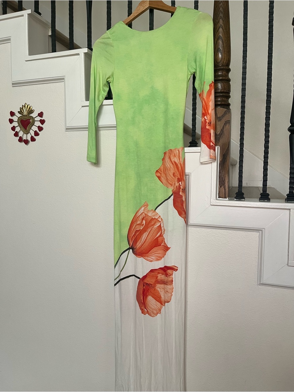 Alice + Olivia Delora Open Back Green White Maxi Dress Floral Statement Piece